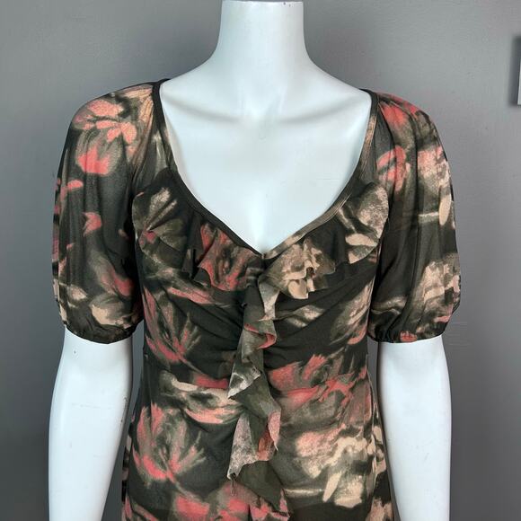 DKNY Top Small Short Sleeve Ruffle Floral Black whimsigoth grunge y2k gauzy pink - Picture 4 of 9